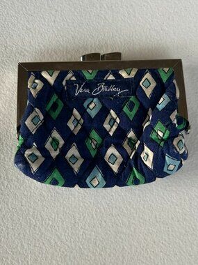Vera Bradley Blue Green Diamond Quilted Kiss Lock Coin Purse Change Wallet Pouch